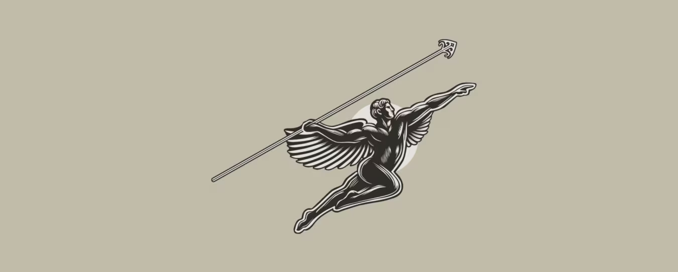 Dynamische tekening van figuur met vogelvleugels die speer werpt, symbool voor snelheid en kracht, coaching catharsis