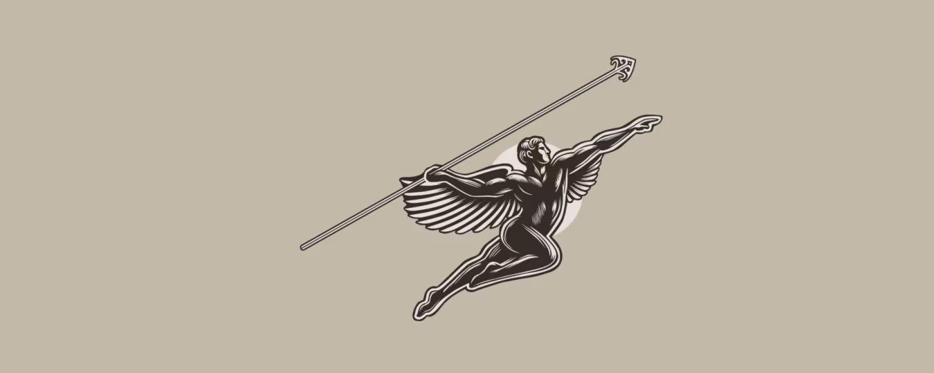 Tekening van figuur met vleugels en speer in vlucht, symboliserend kracht en vrijheid met titels mentorschap catharsis
