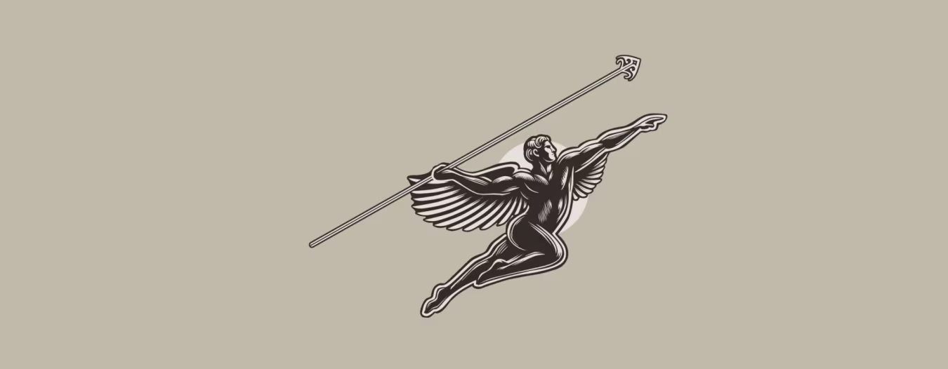 Digitale tekening van een figuur met vleugels die een stok vasthoudt en wijst symbolisch voor catharsis de reis naar wie je wordt