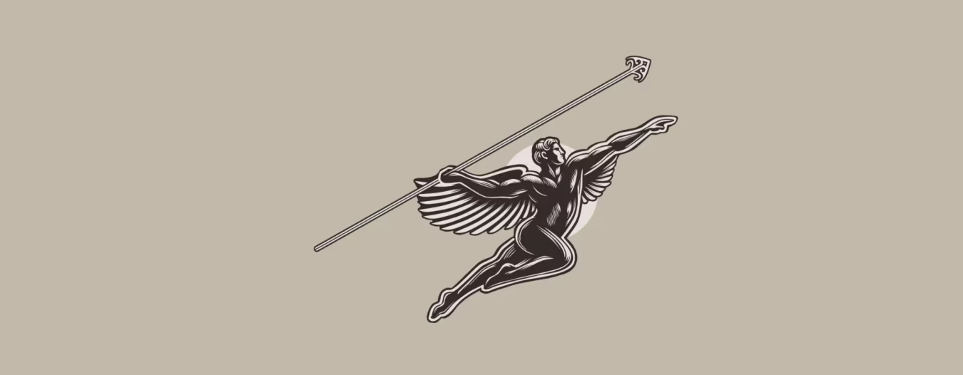 Tekening van figuur met vleugels en speer symboliseert kracht en vastberadenheid naast het woord management catharsis