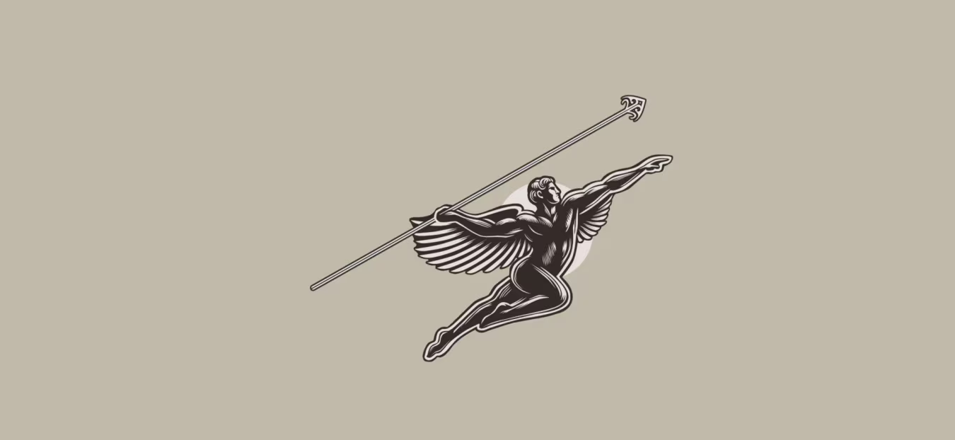 Illustratie van een gevleugeld figuur in sprong met speer, symboliseert kracht en vastberadenheid onder kop kaituhi wairuha kroniekschrijver