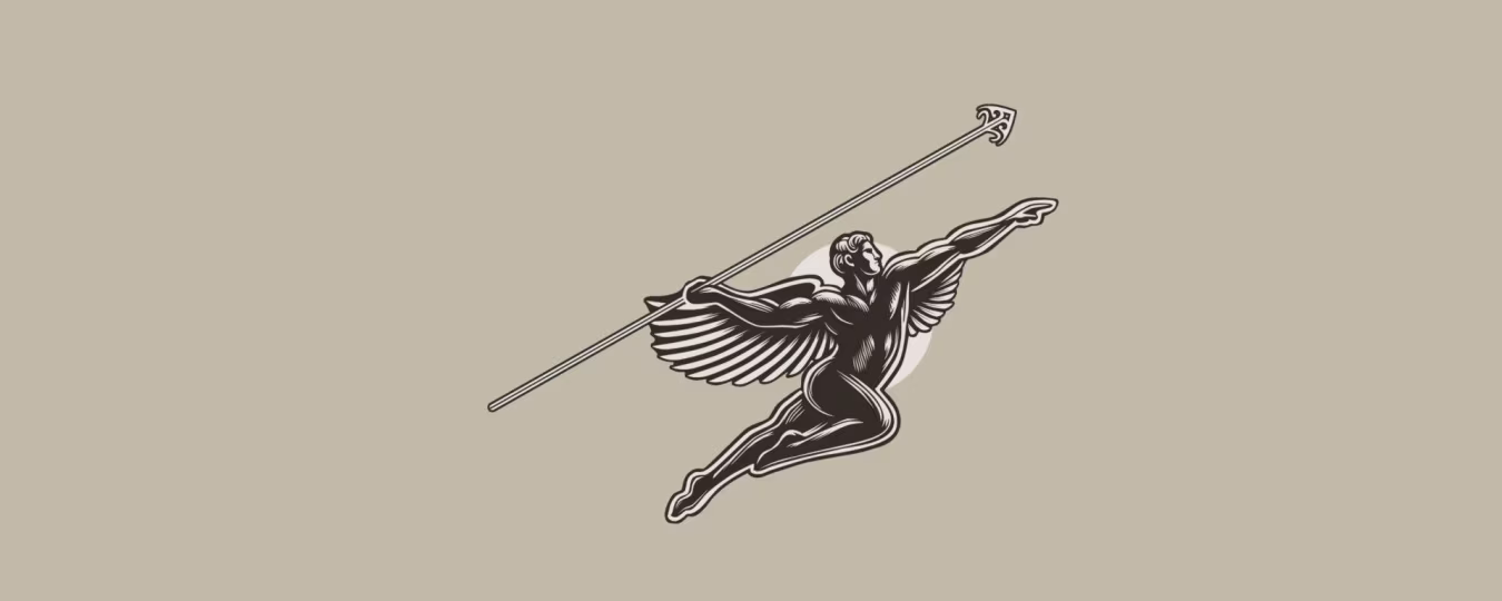 Illustratie van een gevleugeld figuur in sprong met speer, symboliseert kracht en vastberadenheid onder kop kaituhi wairuha kroniekschrijver